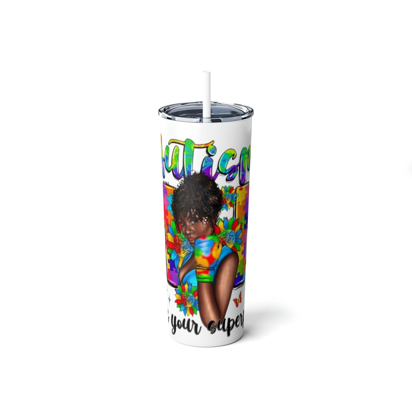 Autism Skinny Steel Tumbler with Straw, 20oz