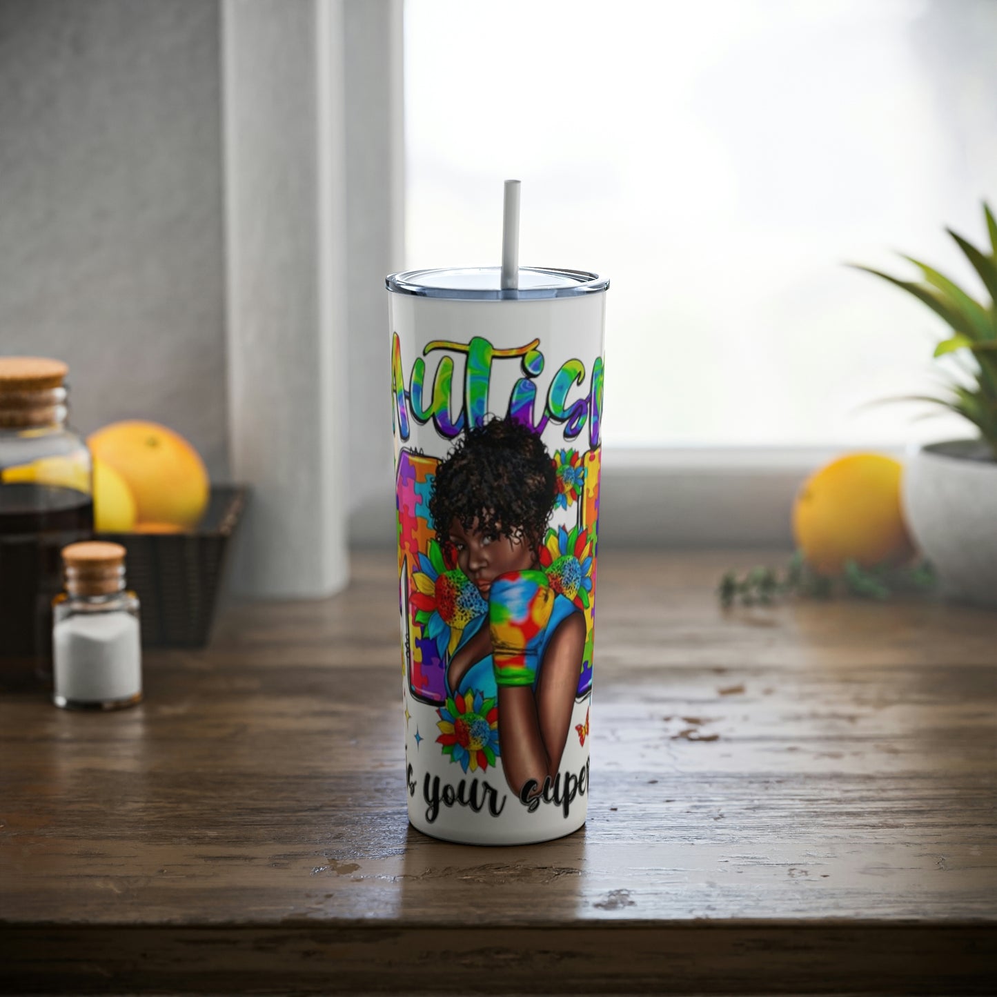 Autism Skinny Steel Tumbler with Straw, 20oz